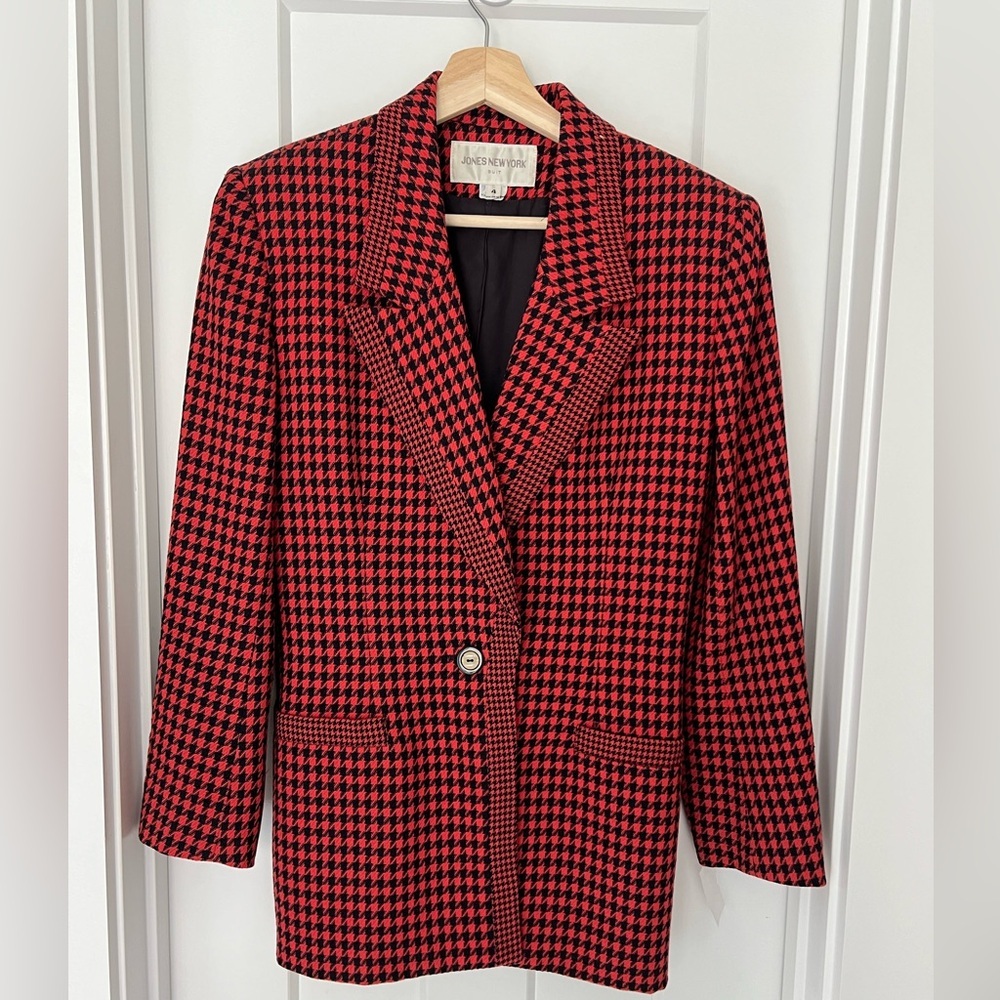Jones New York: Vintage 80s Orange Black Herringbone Blazer 100% Wool: Size US 4